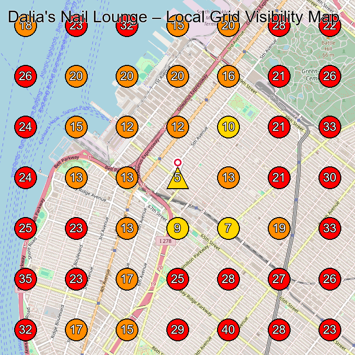 Dalia's Nail Lounge GeoGrid visibility map for Electric Bicycle Store in Brooklyn